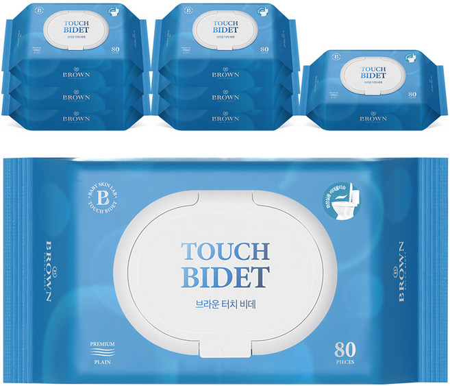 브라운 터치 비데 물티슈 물에 잘 녹는 화장실용 저자극 비데티슈 캡형, 55g, 80매, 8개