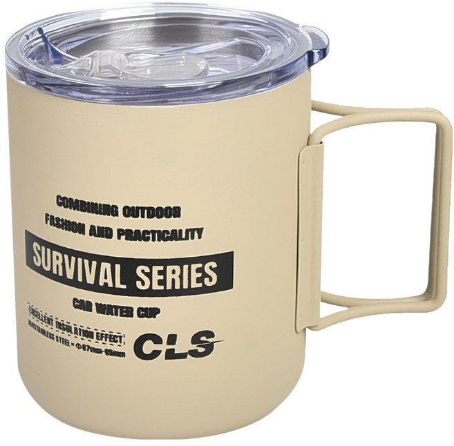 CLS 折疊雙層杯/登山杯/露營杯 軍風 露營 附杯蓋, 卡其色, 1個