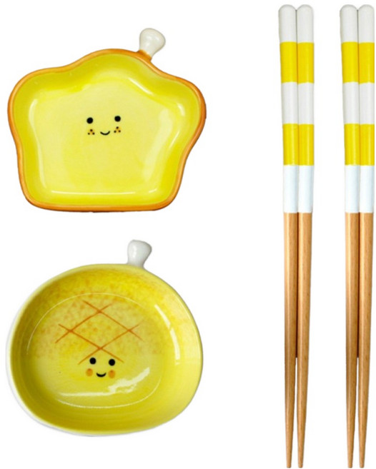 큐트미 브레드 미니접시 + 우드젓가락 2인 세트 4p MP627, 혼합색상, 1세트, 접시 2p + 젓가락 2p