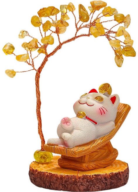 Mass 招財貓黃水晶樹桌面擺件2件組 招財貓 + 水晶樹, 躺賺