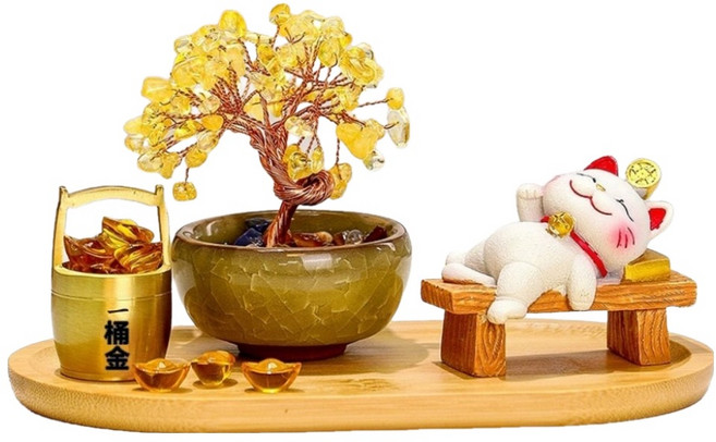 Mass 招財貓黃水晶樹桌面擺件4件組 招財貓 + 水晶樹 + 一桶金 + 竹木托盤, 躺贏
