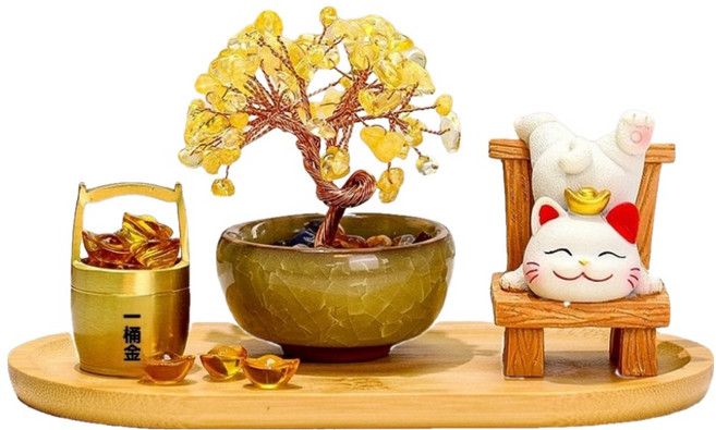 Mass 招財貓黃水晶樹桌面擺件4件組 招財貓 + 水晶樹 + 一桶金 + 竹木托盤, 到福