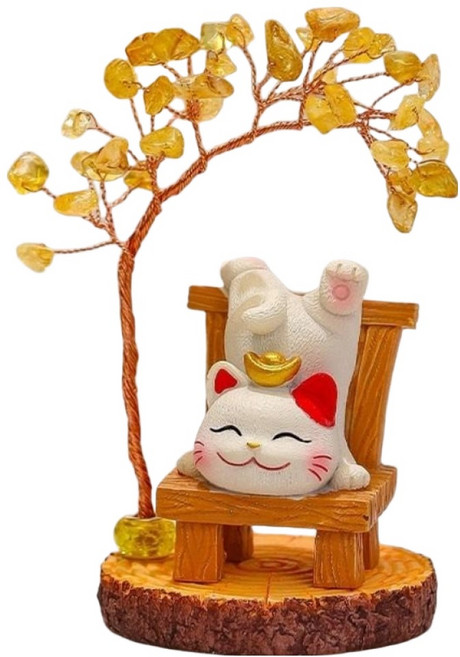 Mass 招財貓黃水晶樹桌面擺件2件組 招財貓 + 水晶樹, 到福