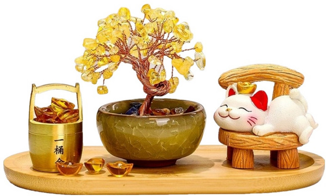 Mass 招財貓黃水晶樹桌面擺件4件組 招財貓 + 水晶樹 + 一桶金 + 竹木托盤, 閒樂