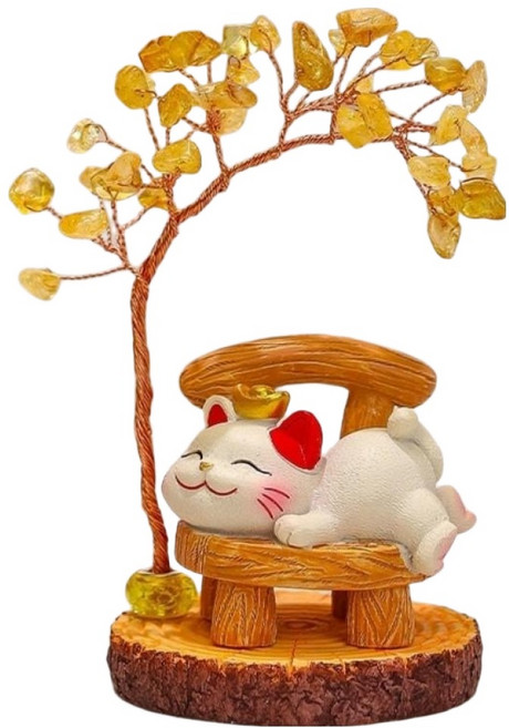 Mass 招財貓黃水晶樹桌面擺件2件組 招財貓 + 水晶樹, 閒樂