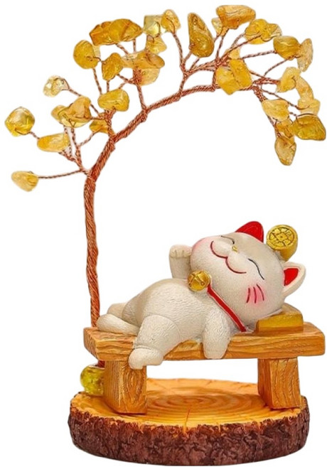 Mass 招財貓黃水晶樹桌面擺件2件組 招財貓 + 水晶樹, 躺贏