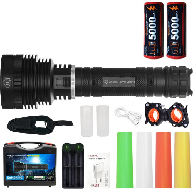 몬스터파워 마린 수중랜턴 + 배터리 + 충전기 세트 XHP70, 블랙