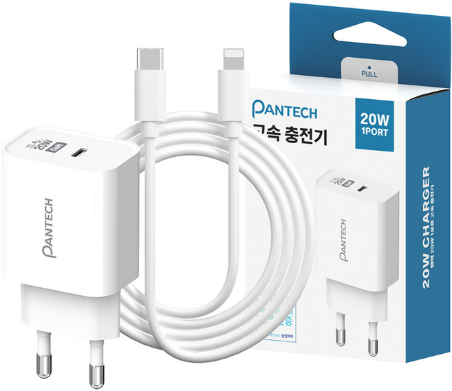 팬택 20W 1포트 C타입 고속 충전기 + C to 8 케이블 1m 세트, 화이트, 1세트