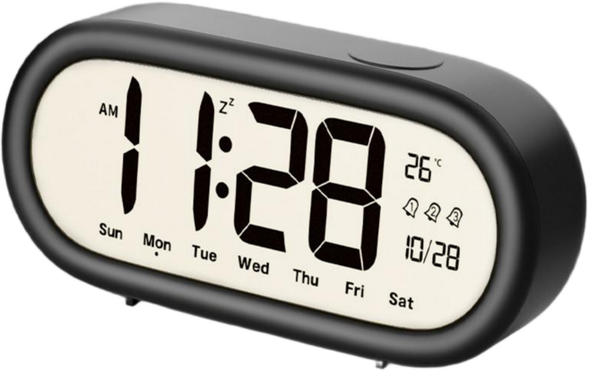 Couselect 大螢幕電子鬧鐘 三組鬧鈴 溫度顯示 靜音床頭時鐘 學生起床神器, 黑色