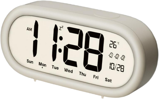 Couselect 大螢幕電子鬧鐘 三組鬧鈴 溫度顯示 靜音床頭時鐘 學生起床神器, 白色