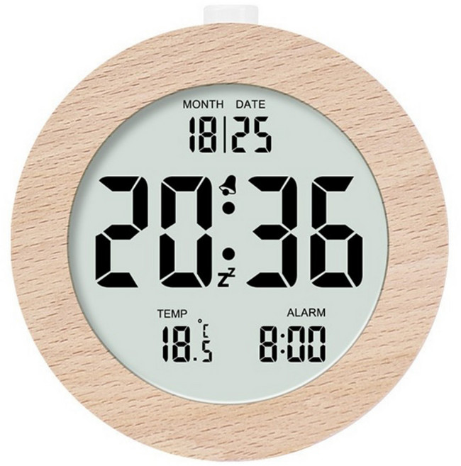 Couselect 北歐木紋電子鬧鐘 溫柔背光 桌面時鐘 帶日期溫度 顯示睡眠模式 可愛小巧鬧鐘, 圓形