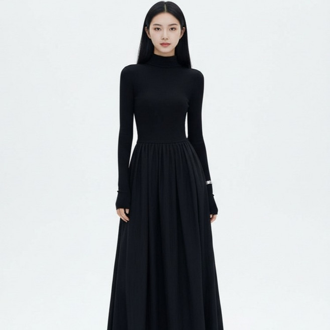 마켓피아 여성용 터틀넥 플레어 A라인 롱 원피스