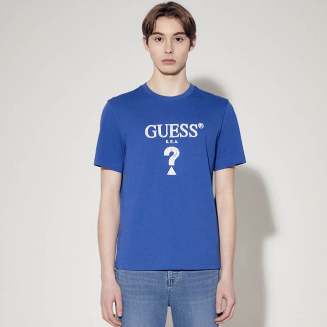 게스 남성용 무테삼각 아크릴 짠짠컬러 반팔 티셔츠 MP2K9436