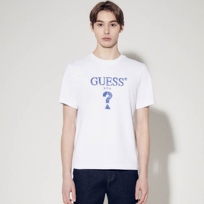 게스 남성용 무테삼각 아크릴 짠짠컬러 반팔 티셔츠 MP2K9436