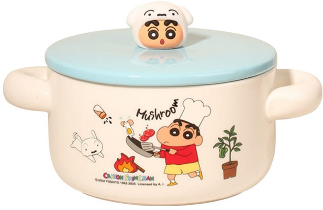 MTuTU 萌兔兔 蠟筆小新 陶瓷過家家附蓋雙耳湯碗 1L, 小白 + 藍色 + 白色, 1個