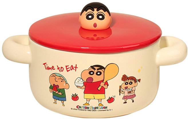 MTuTU 萌兔兔 蠟筆小新 陶瓷過家家附蓋雙耳湯碗 1L, 小新 + 紅色 + 白色, 1個