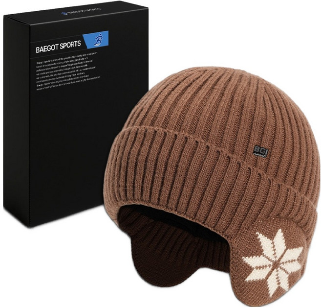 BAEGOT 男士雪花登山跑步針織護耳帽, 棕色