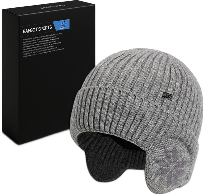 배곧인터내셔널 남성용 눈꽃 등산 러닝 니트 귀달이모자, 그레이