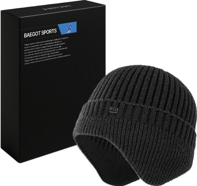 배곧인터내셔널 남성용 등산 니트 귀달이 비니 모자 니트, 블랙