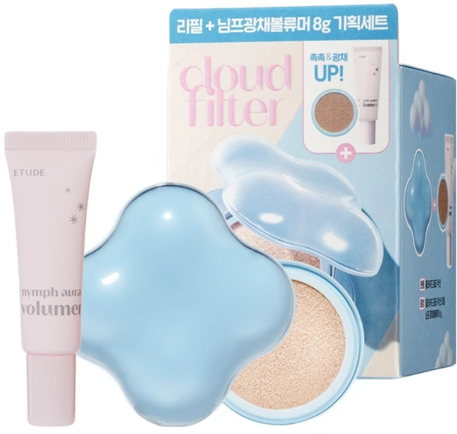 에뛰드 클라우드 필터 쿠션 15g + 리필 15g + 님프 광채 볼류머 8g 세트, 19호 포슬린, 1세트 - 쿠팡