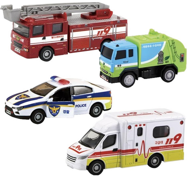 월드카 다이캐스트 메탈 미니풀백 자동차 구급차 + 제주환경미화차 + 소방차 + 경찰차 세트, 혼합색상, 1세트