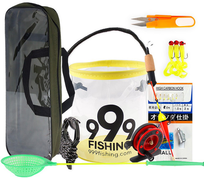 999피싱 휴대용 얼음 미니 낚시대 1인 세트, 옐로우(미끼통), 랜덤발송(웜, 합사가위, 얼음뜰채)