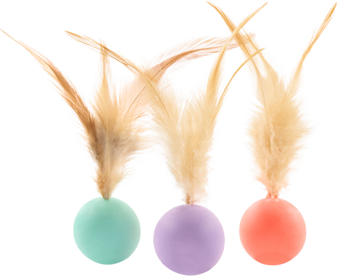 pidan 貓咪Pepe羽毛彈力球玩具3件組, 紅色, 綠色, 紫色, 1套