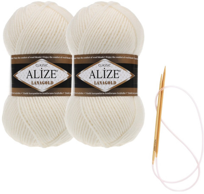 alize 라나골드 뜨개실 100g x 2p 목도리 패키지 도안 및 대바늘, 62, 1개