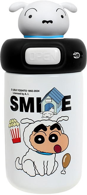 萌兔兔 蠟筆小新 316抱抱公仔雙飲口保溫瓶 小白, 黑色, 1個, 600ml