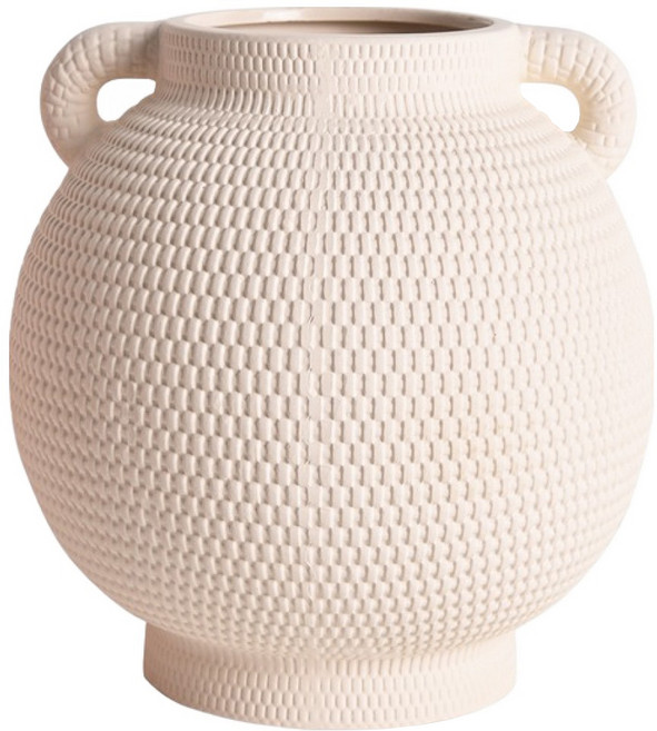 Meric Garden 歐式月釉映光雕紋圓弧雙耳陶瓷花瓶 裝飾花瓶 桌面擺飾, 米色