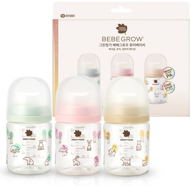 BebeGrow Green Finger Pure Baby PA無奶嘴設計款奶瓶三入組, 薄荷綠 + 粉紅色 + 米色, 1套, 160ml