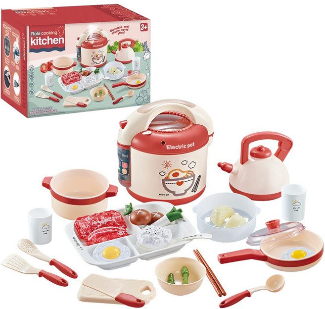 하늘썬별 스팀전기밥솥 후라이팬 달걀프라이 요리 주방놀이 세트 XiaoH346AP, 1세트, 핑크