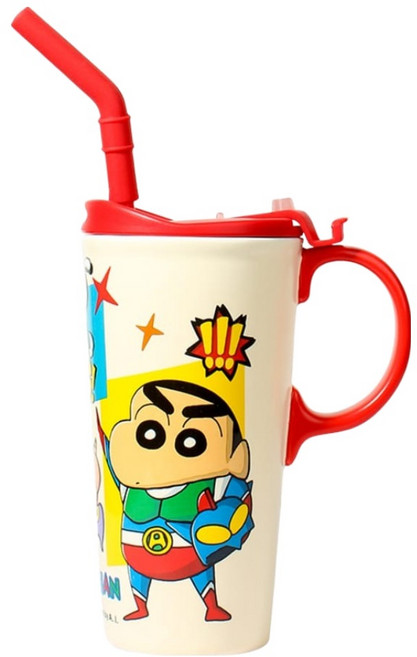 MTuTU 萌兔兔 蠟筆小新 元氣陶瓷附蓋吸管馬克杯, 紅色, 1個