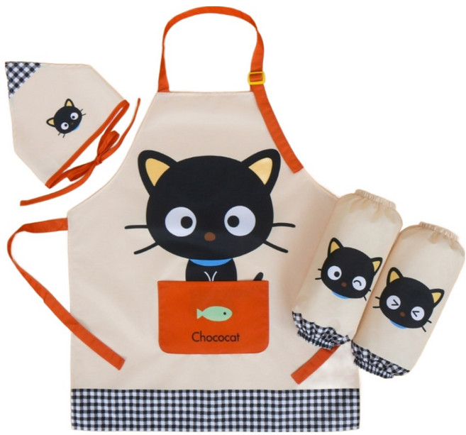 초코캣 체크 앞치마 + 토시 2p + 두건 세트 PS039