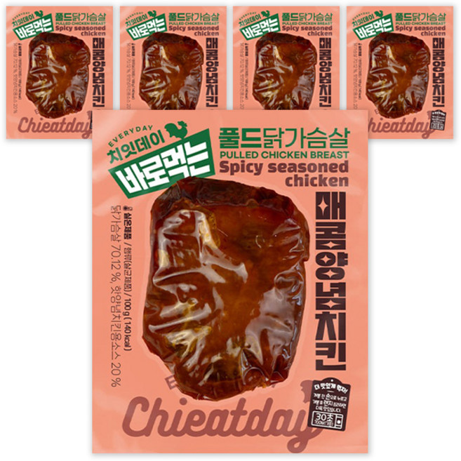 치잇데이 바로먹는 풀드 실온 닭가슴살 매콤양념치킨맛, 100g, 5개