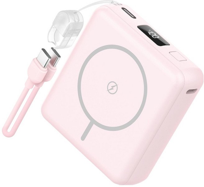 스마텍 미니 맥세이프 보조배터리 10000mAh + C타입 to C타입 스트랩 케이블 세트, 핑크, STPB-MFB100