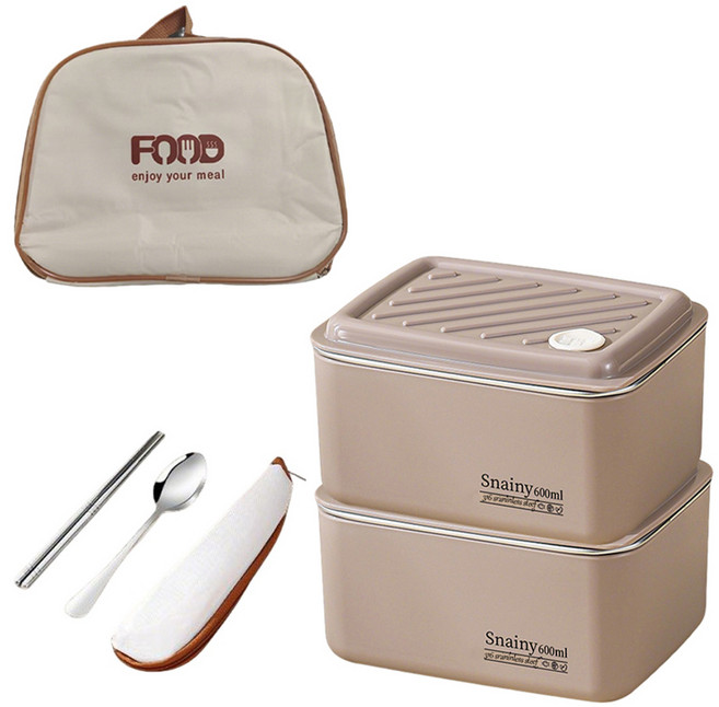 SUNORO 316不銹鋼密封便當盒2件組 附餐具保溫袋 600ml, 咖啡色, 1套