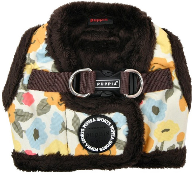 퍼피아 강아지 겨울 플라워 패턴 털안감 기모 조끼 가슴줄 하네스, 브라운, 1개