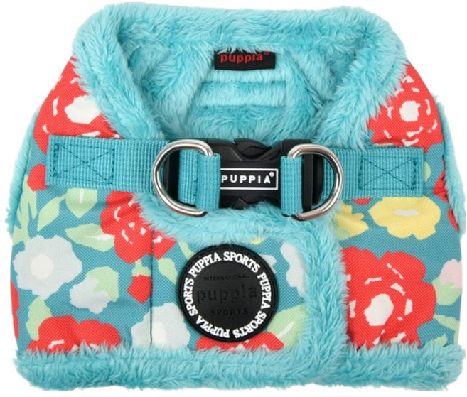 퍼피아 강아지 겨울 플라워 패턴 털안감 기모 조끼 가슴줄 하네스, 아쿠아, 1개
