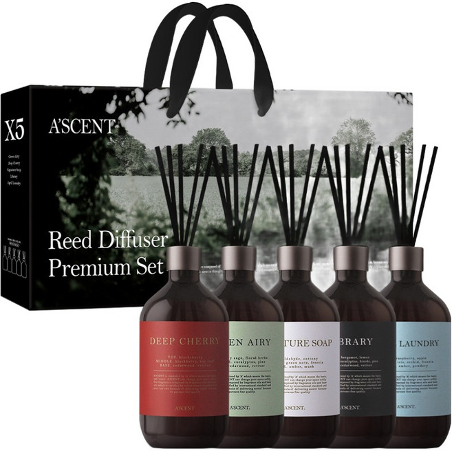 에이센트 퍼퓸드 디퓨저 500ml 5종 세트, 1세트, 01 딥체리, 05 에이프릴 런더리, 07 그린에어리, 13 시그니처솝, 23 라이브러리