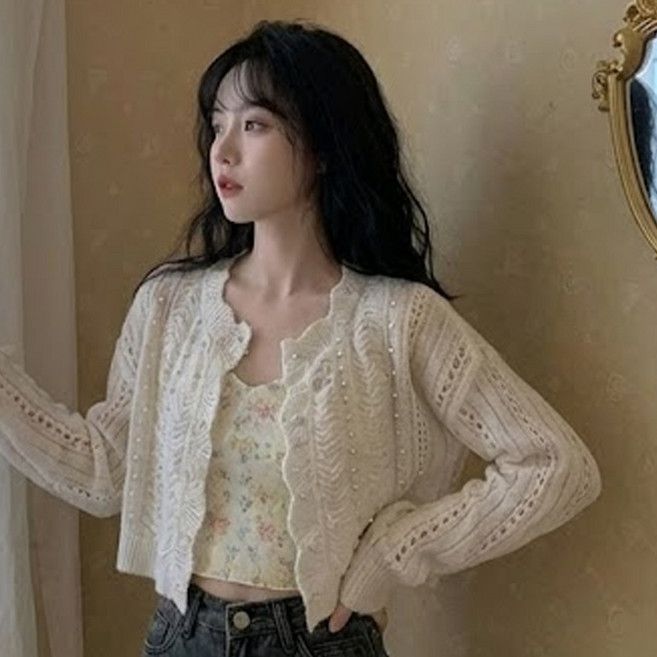 더플로우커머스 여성용 로맨틱 펄 버튼 레이스 니트 데일리 가디건