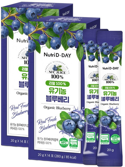 뉴트리디데이 리얼 100% NFC 착즙 유기농 블루베리 스틱, 280g, 2개