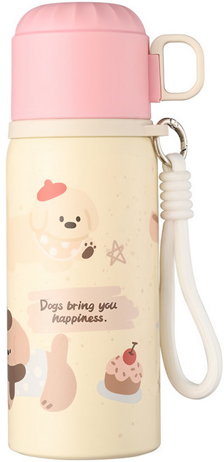 Couselect 316不鏽鋼雙飲蓋便攜吸管水壺/保溫杯 可愛卡通款, 蜜桃粉, 1個, 450ml