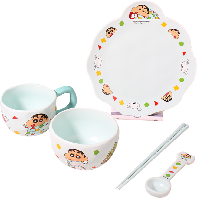 MTuTU 萌兔兔 蠟筆小新 陶瓷單人餐具 五件組, 白色, 1套, 餐盤 + 湯匙 + 筷子 + 碗 + 杯子