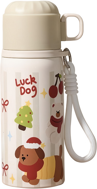 Couselect 316不鏽鋼雙飲蓋便攜吸管水壺/保溫杯 可愛卡通款, 奶油白, 1個, 450ml