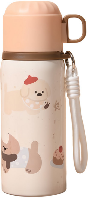 Couselect 316不鏽鋼雙飲蓋便攜吸管水壺/保溫杯 可愛卡通款, 小狗咖, 1個, 450ml
