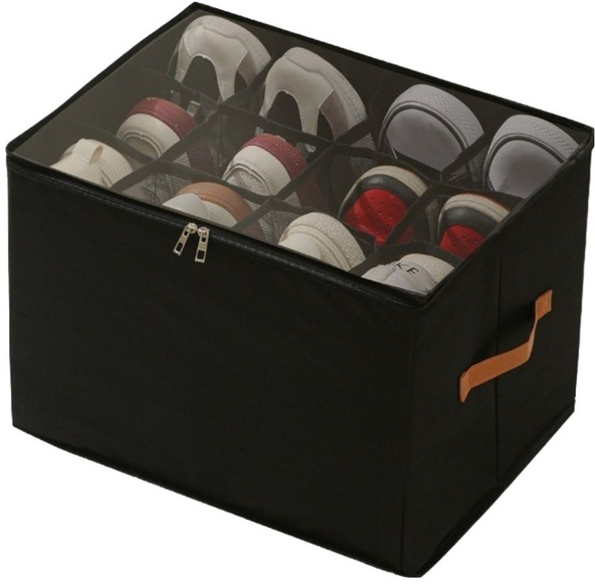 메이크마인 깔끔한 신발정리함 12칸 뚜껑형 접이식 수납함 보관함, 블랙, 1개