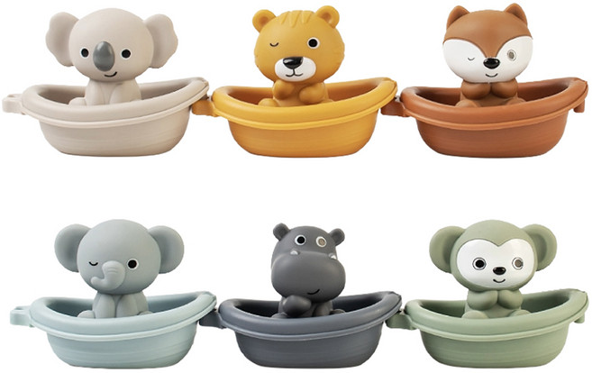 OhBabyLaugh 堆疊漂漂船 6件組, 大象 + 猴子 + 狐狸 + 無尾熊 + 河馬 + 老虎, 1套