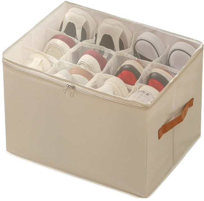 메이크마인 깔끔한 신발정리함 12칸 뚜껑형 접이식 수납함 보관함, 베이지, 1개