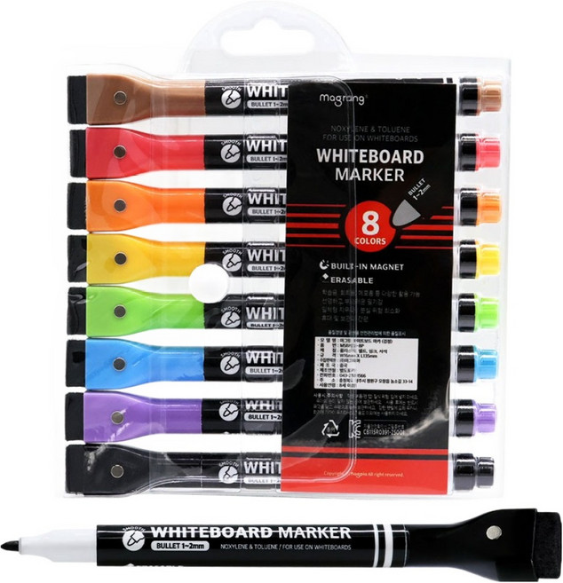 magpia 附橡皮擦磁性白板筆8色組, 紅色, 橘色, 黃色, 淺綠色, 藍色, 紫色, 棕色, 黑色, 1個